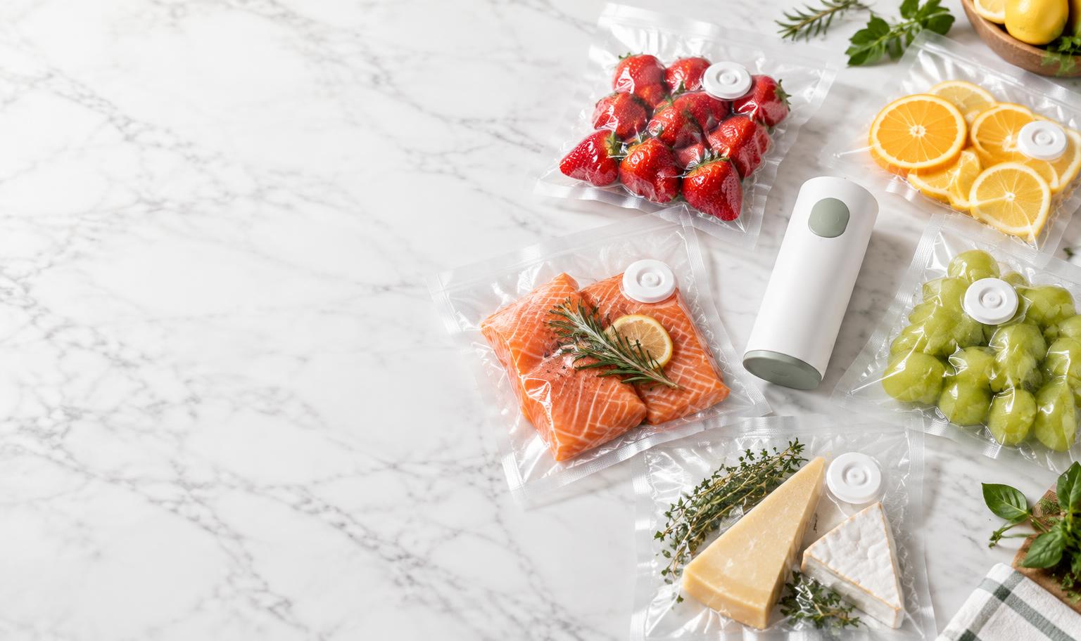 FreshyVac sealer with vacuum-packed fresh produce