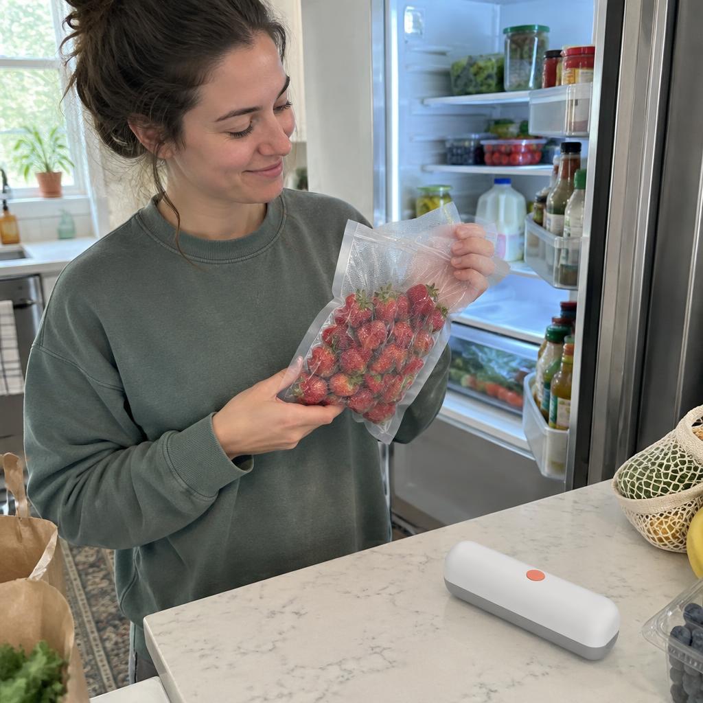 AI-generated kitchen scene: Fresh produce stored with FreshyVac
